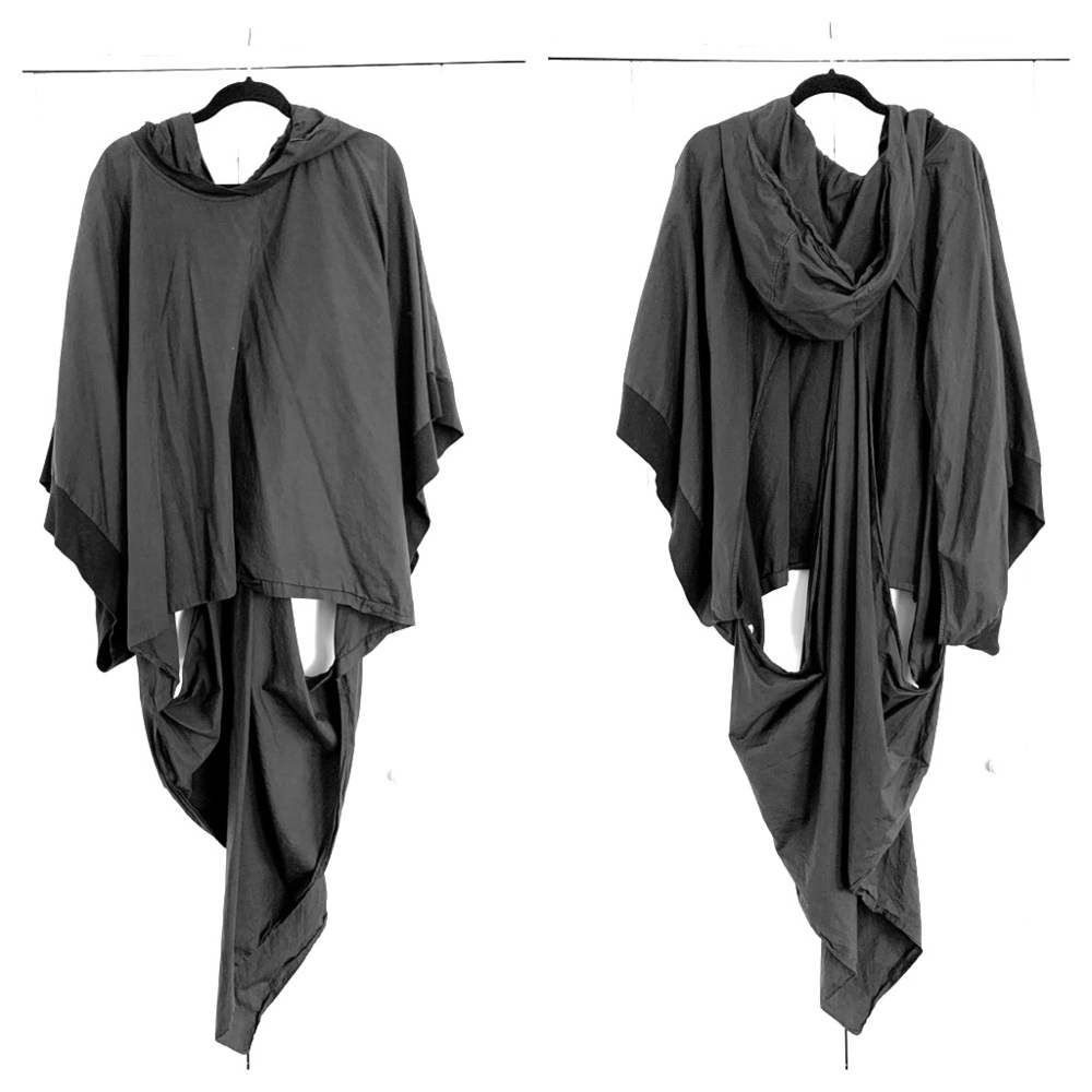Black hooded cape jacket avant garde deconstructed